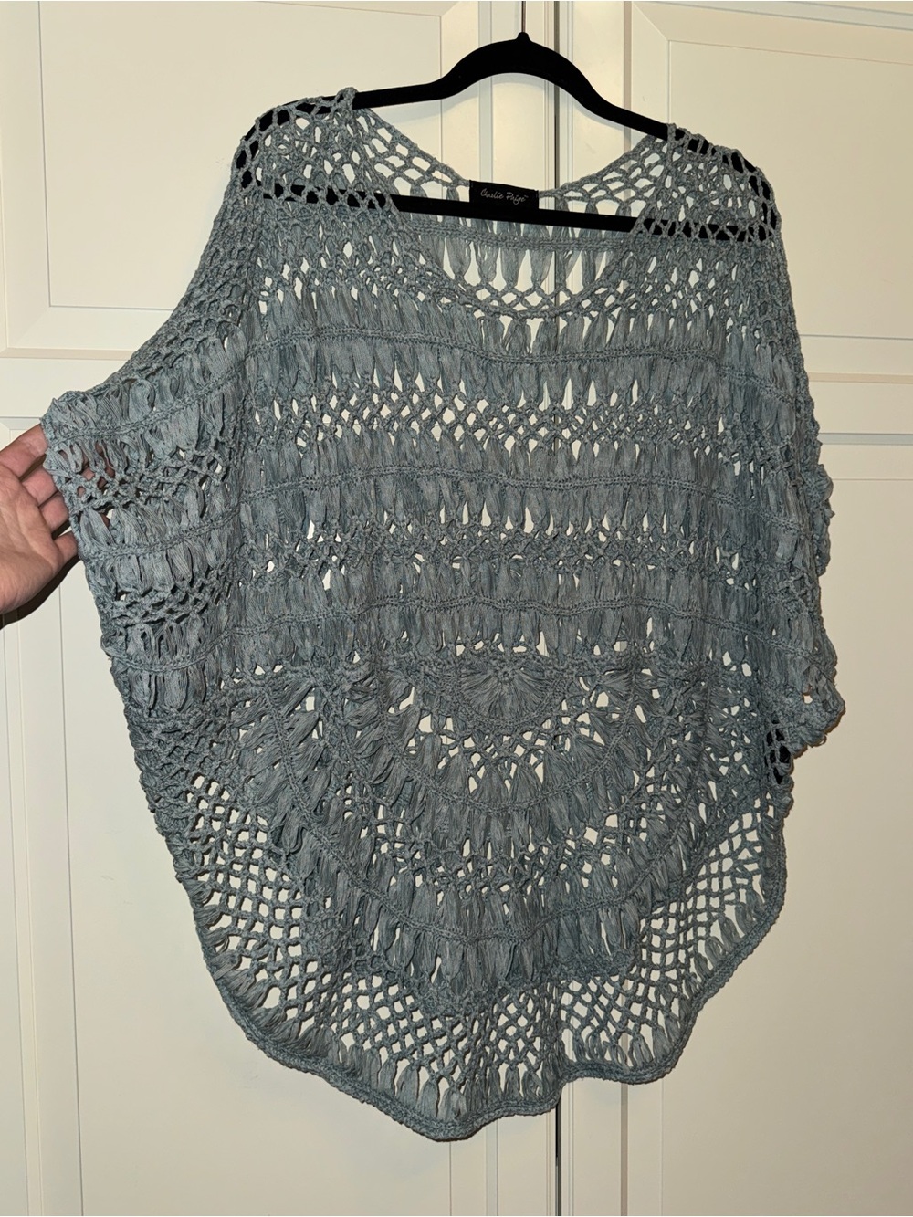 Charlie Paige Blue Grey Open-Knit Crochet Poncho Sweater - fits M/L